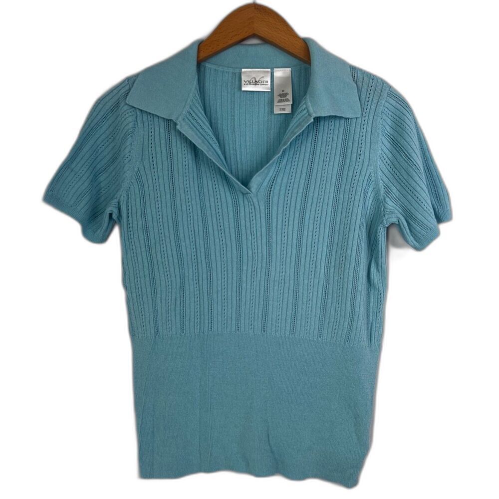Village Liz Claiborne Blue Knit Fitted Collared Twee Lightweight Sweater Sz MD‎